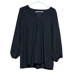 Susan Graver Passport Women's M Black Eyelet V-Neck Top Puff Sleeve Knit Coverup